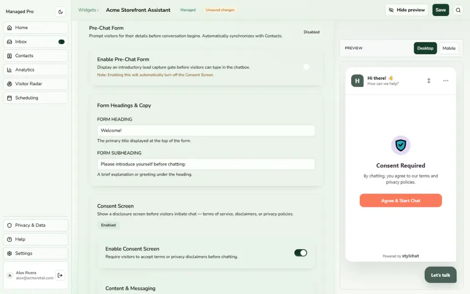 Consent settings support the choice to enable analytics.