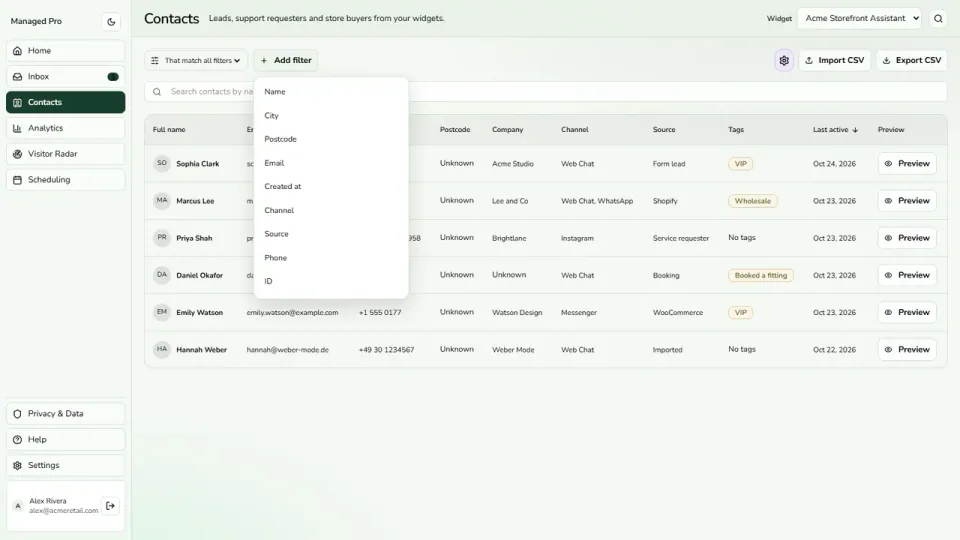 Combined filters help teams find a relevant set of contacts.