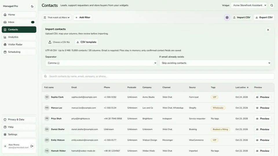 CSV mapping helps bring existing contacts into the directory.