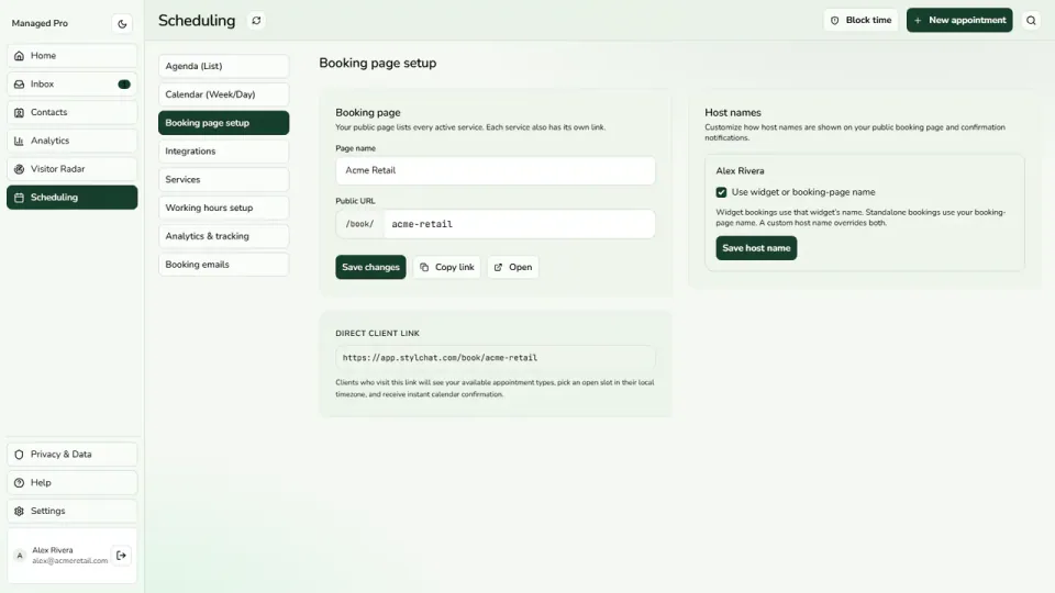 Booking page settings for the customer-facing experience.