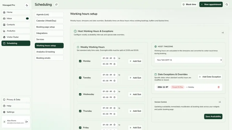 Working-hour configuration for appointment availability.