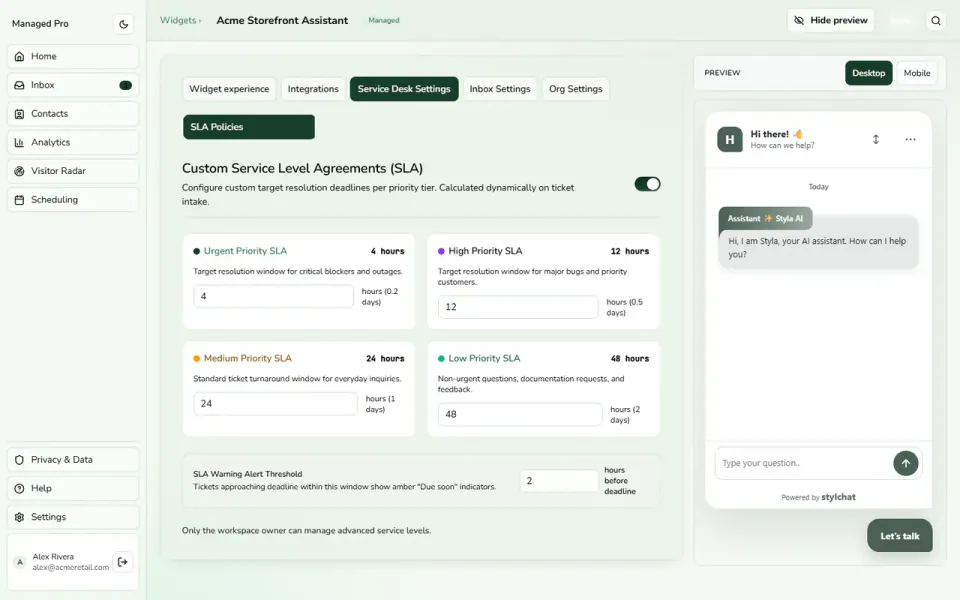 SLA policy configuration. Available on eligible plans.