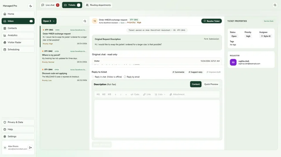 Support Desk interface