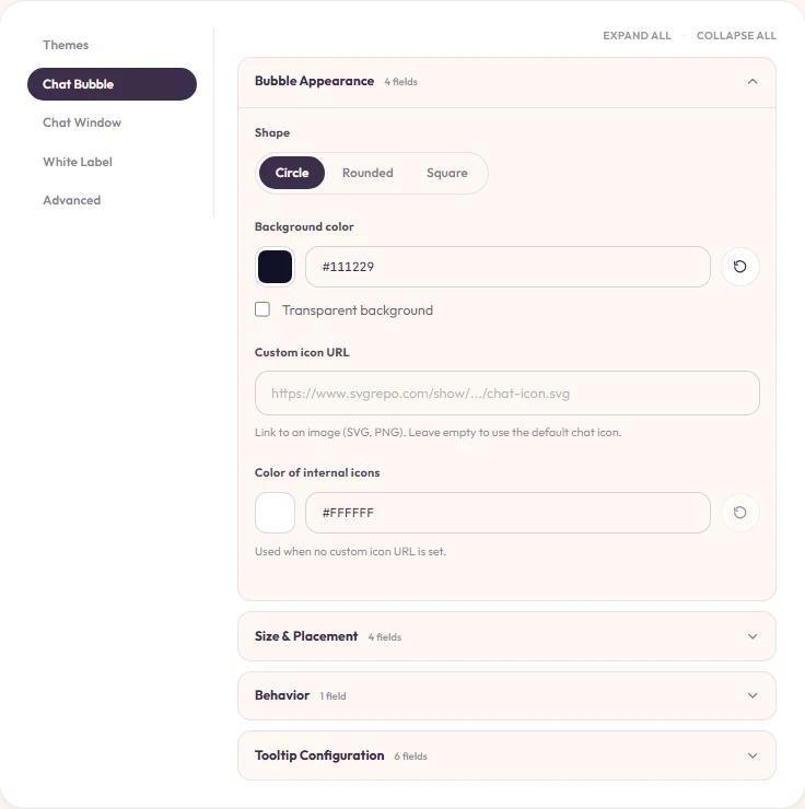 Chat Bubble panel — bubble appearance: shape, color, icon, and transparency.
