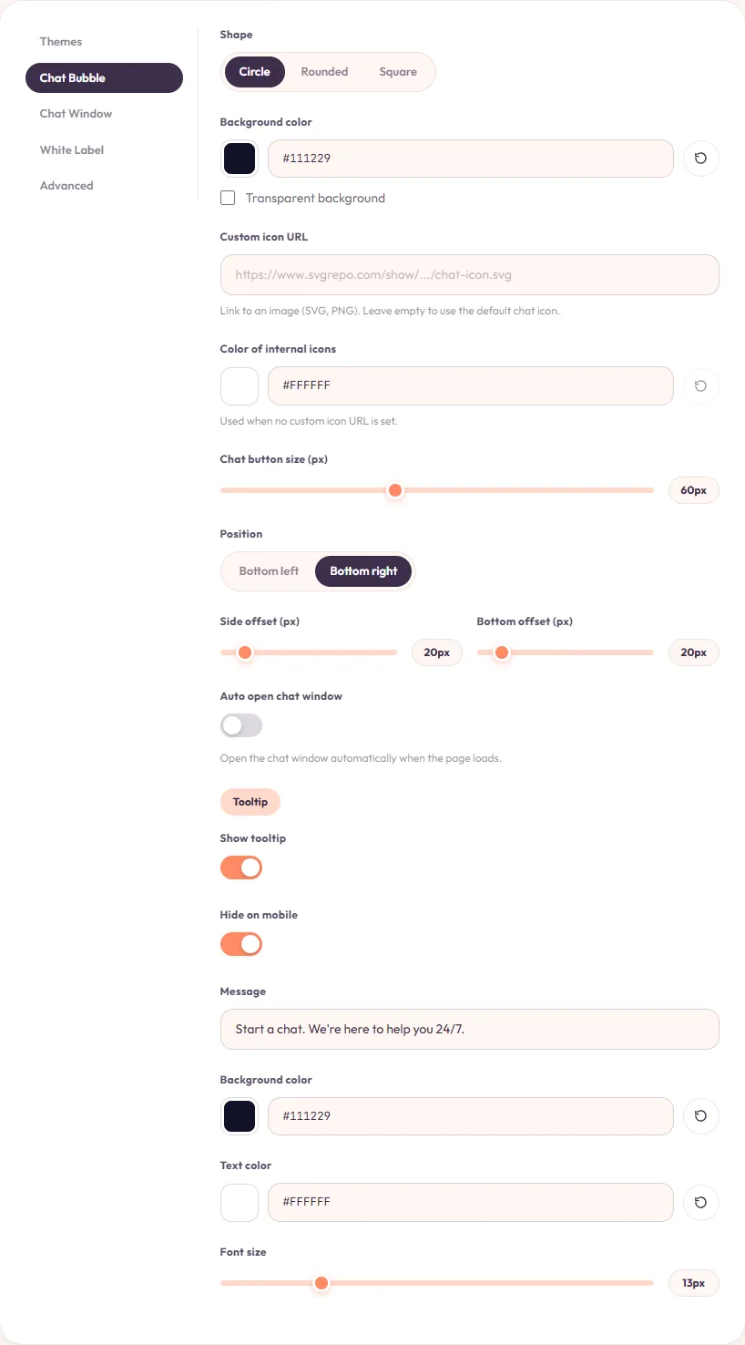 The Chat Bubble panel: shape, color, icon, size, and placement.