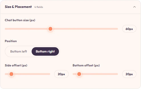 Chat Bubble panel — size and placement controls.