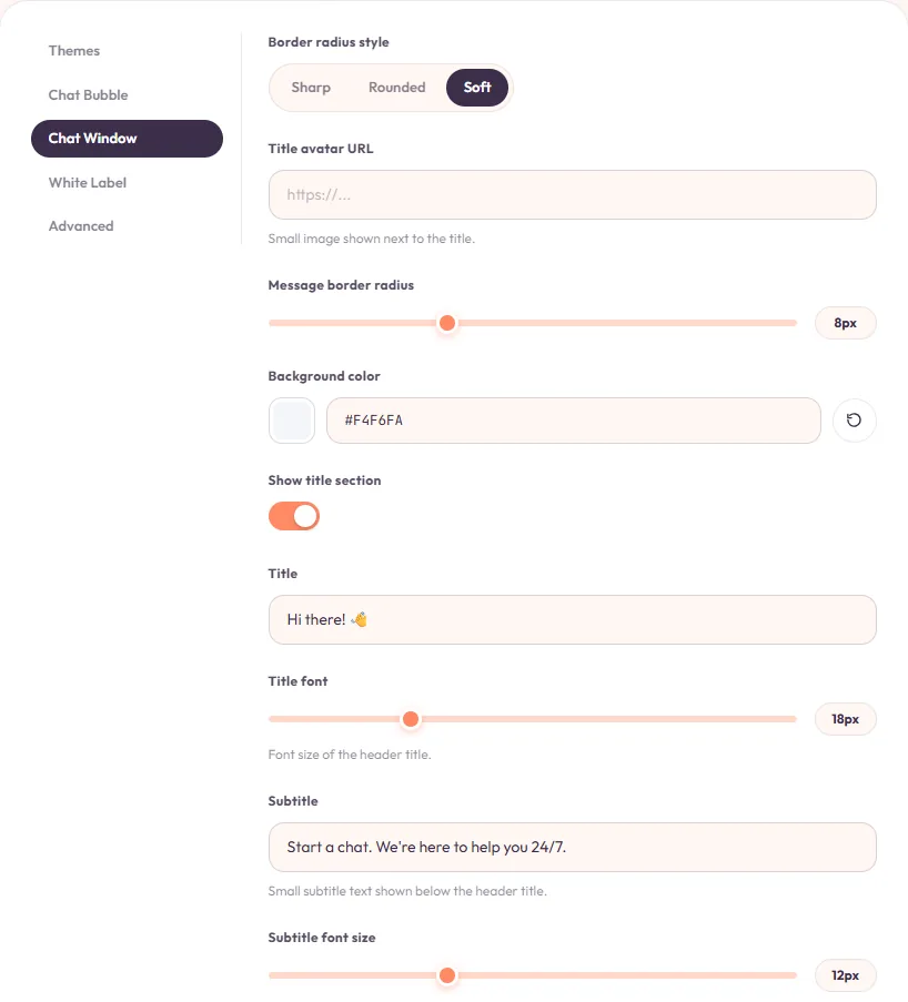 The Chat Window panel: border radius, title, subtitle, and message background color.
