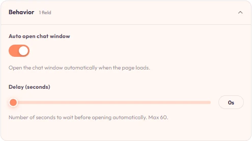 Chat Bubble panel — behavior controls: auto open and delay.