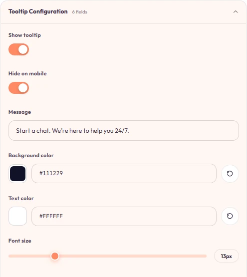 Chat Bubble panel — tooltip visibility, message, and styling.