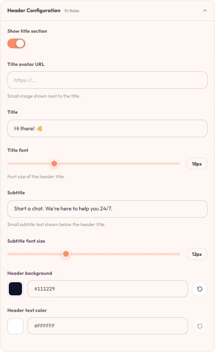 Chat Window panel — header configuration.