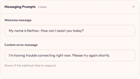 Chat Window panel — welcome message and custom error message.