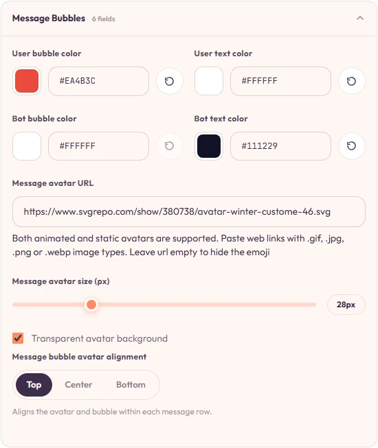 Chat Window panel — message bubble colors, avatar, and alignment.