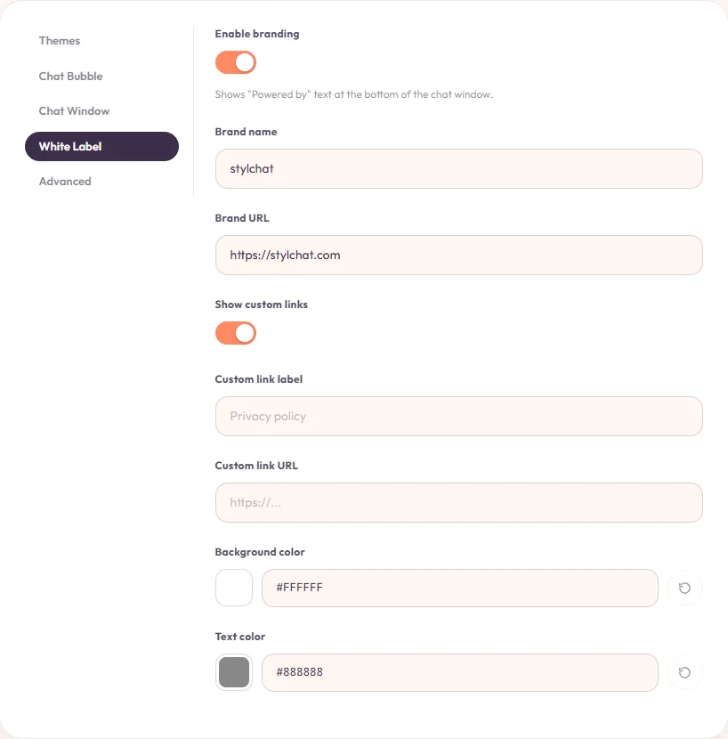 White Label: brand name, brand URL, custom links, and footer colors.