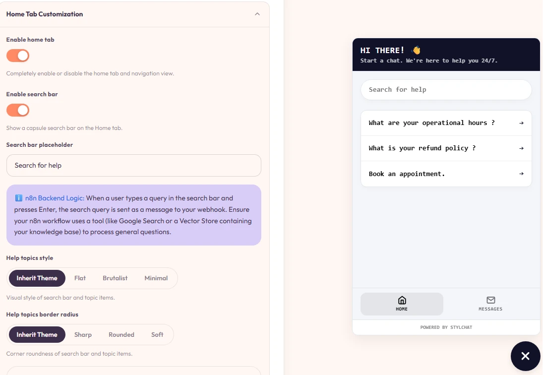 Home Tab Customization panel.