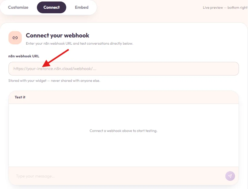 Paste your webhook URL, then try a real conversation in the Test it panel.