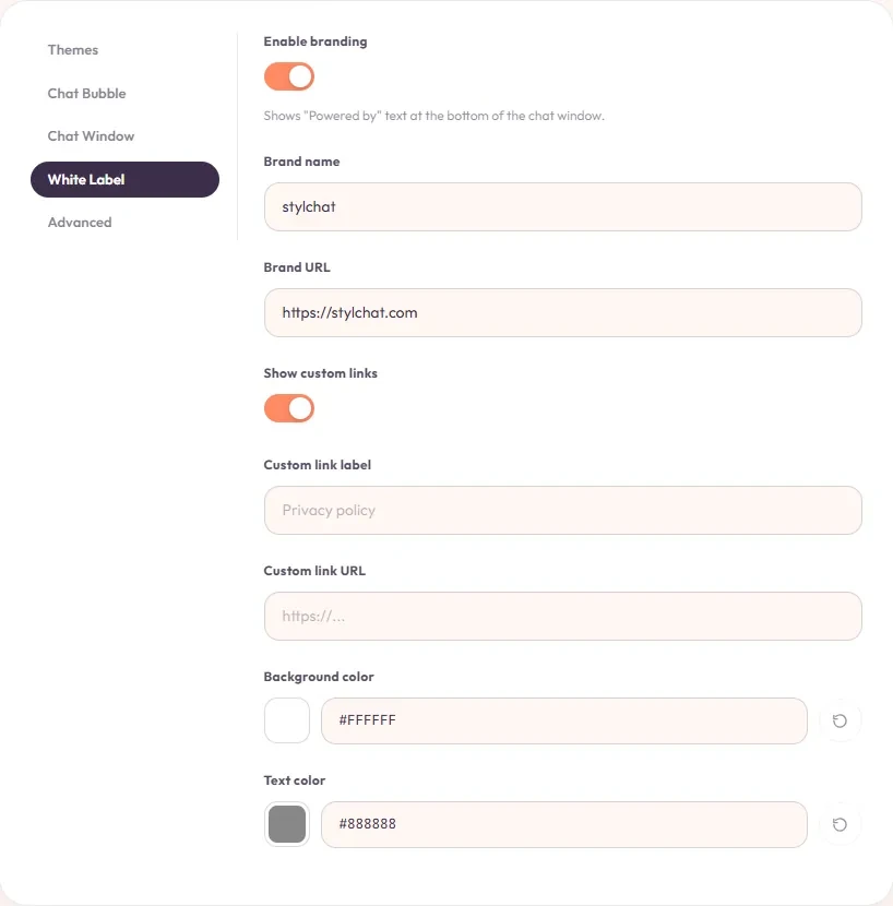 White Label panel: brand name, brand URL, custom links, and footer colors.