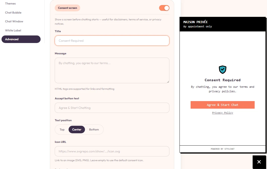 Consent screen configuration options.