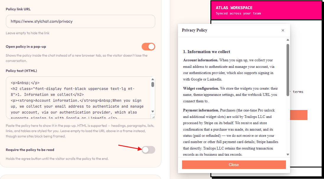 Consent screen policy editor with HTML support.