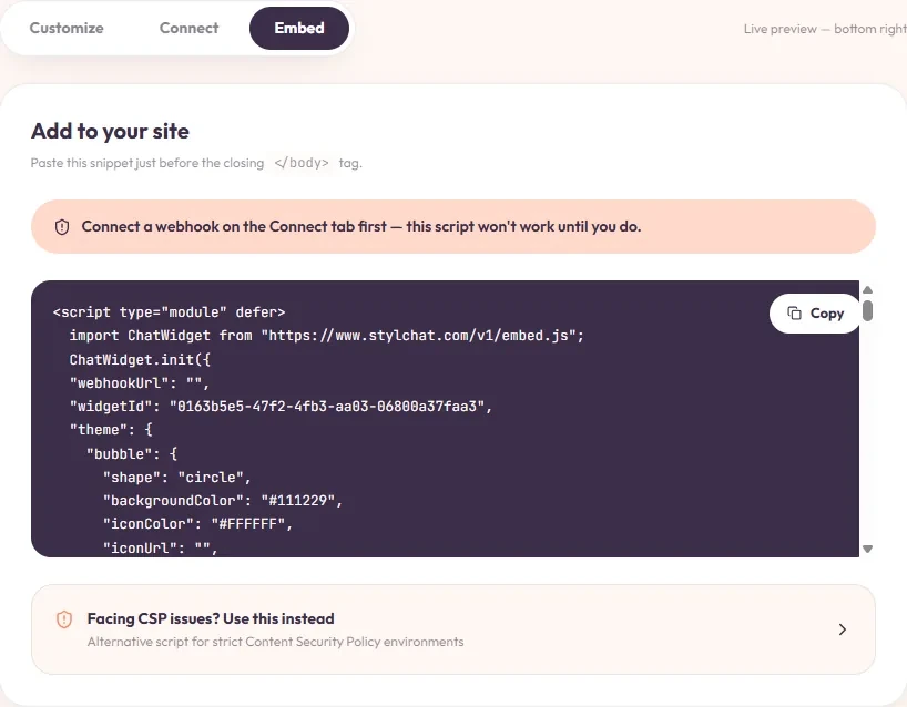 The generated embed snippet — paste it before </body>.