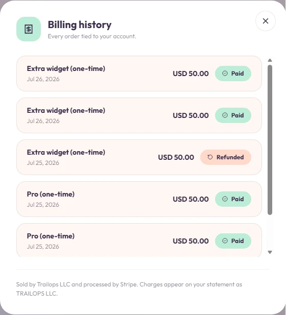 Open the account menu (top-right) and choose Billing to manage your purchased widgets.