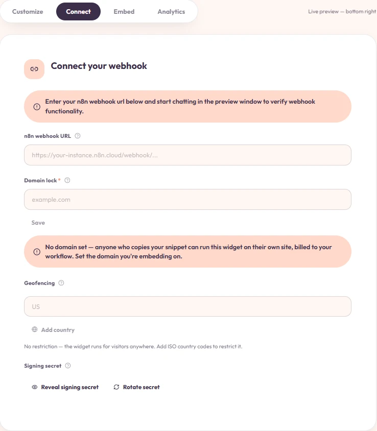 The Connect tab: webhook URL, Domain lock, Geofencing, and Signing secret.