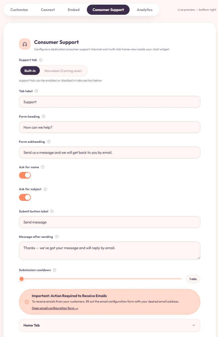 Customer support tab configuration options.