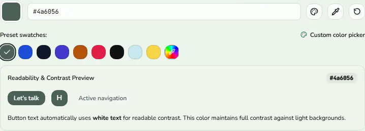 Brand color swatches and the readability preview.