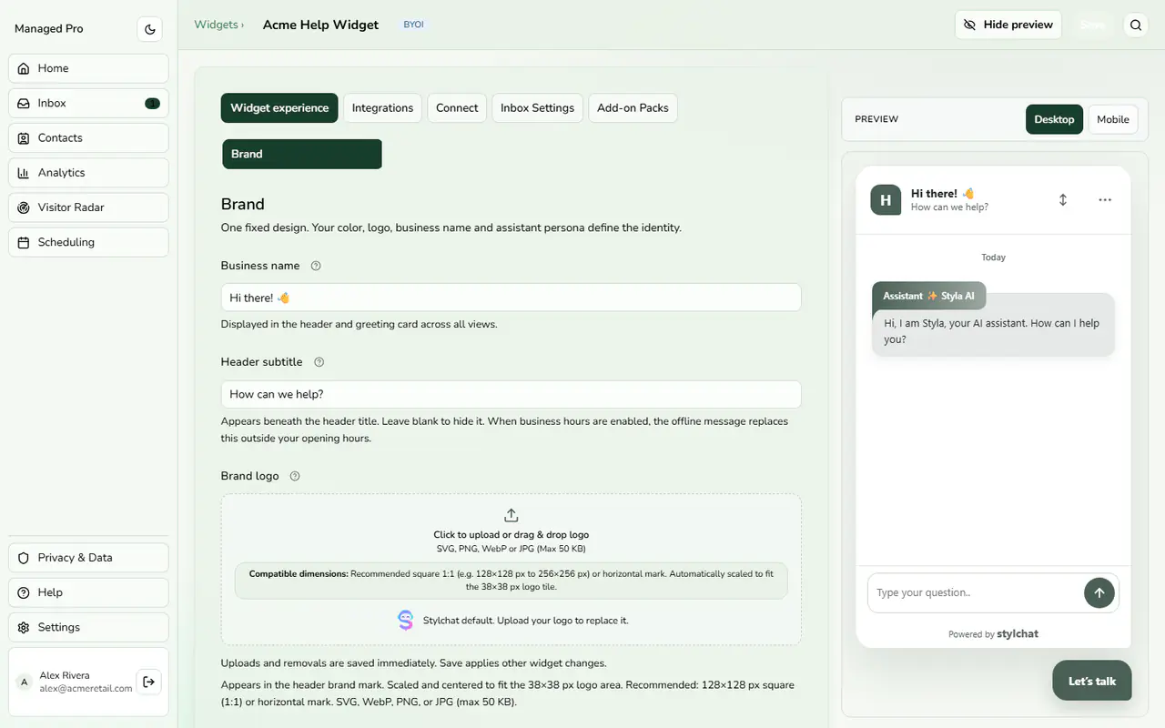 Widget Experience studio with live preview.