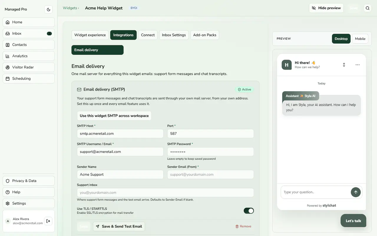 SMTP email delivery settings.
