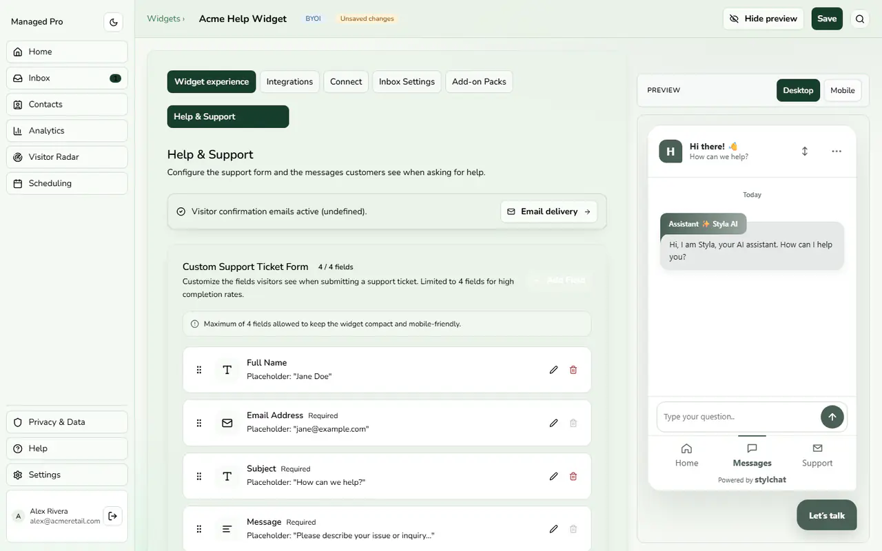 Custom support ticket form fields.