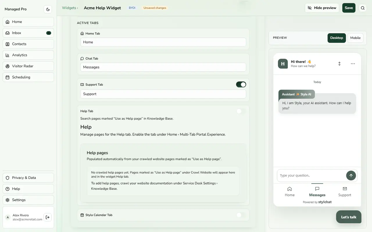 Active tabs and Help pages.