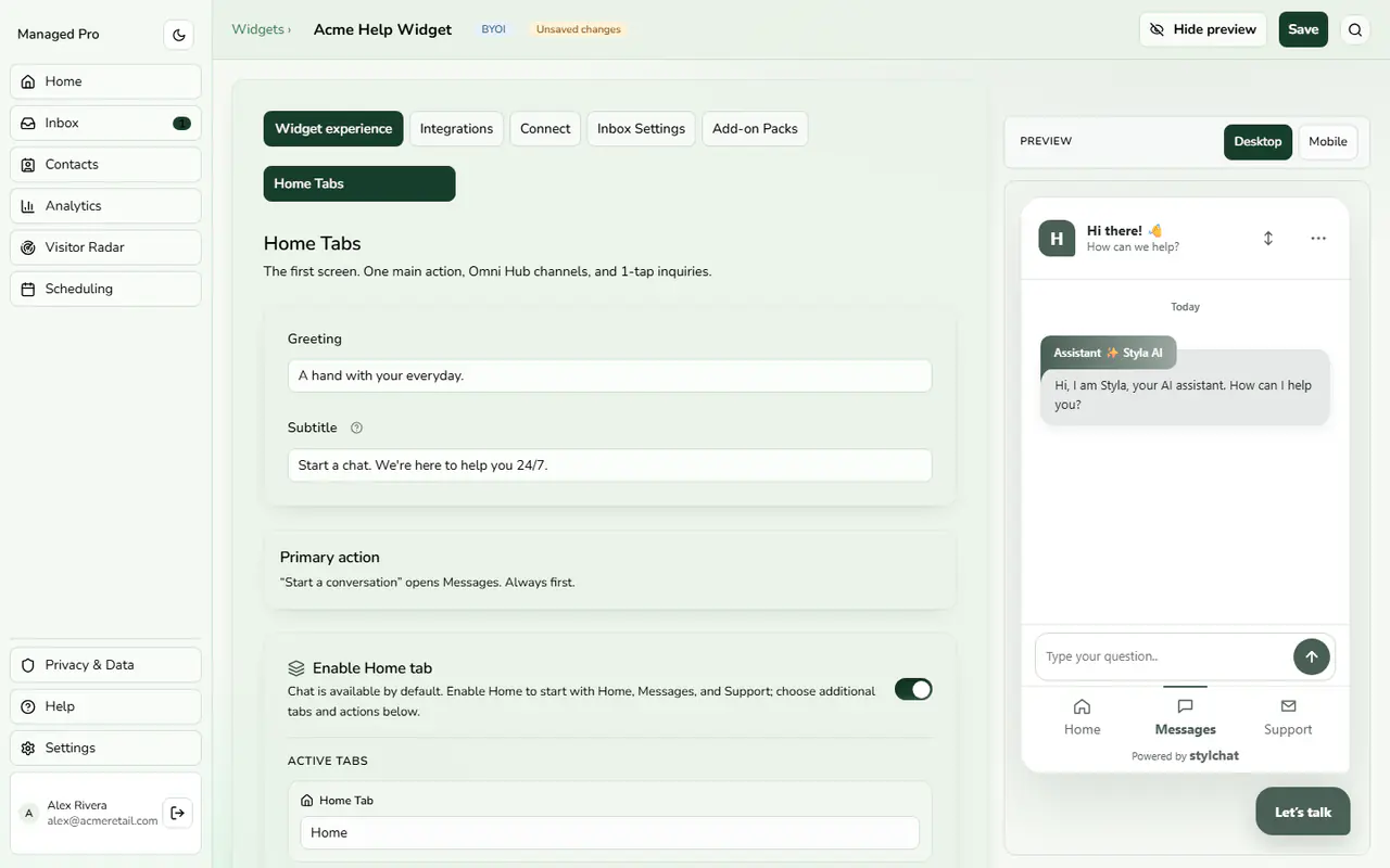 Home tab greeting and primary action.