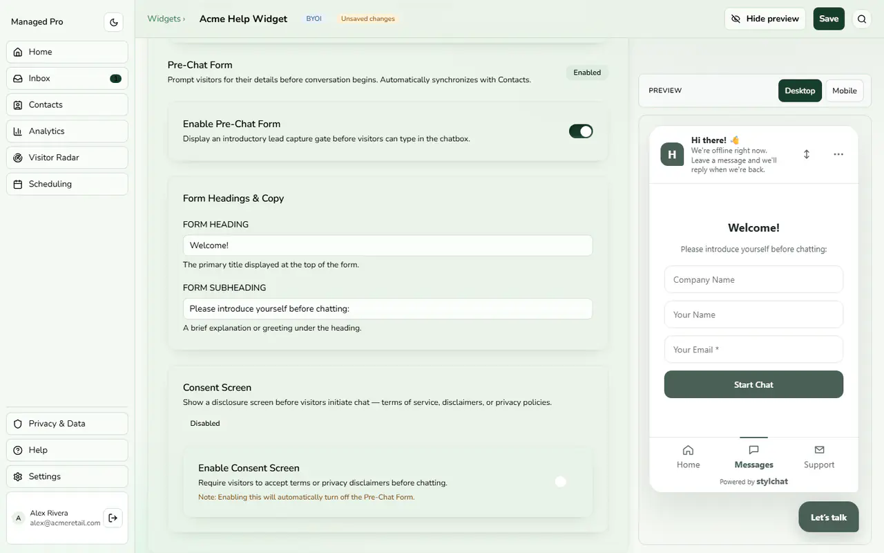 Pre-chat form preview.