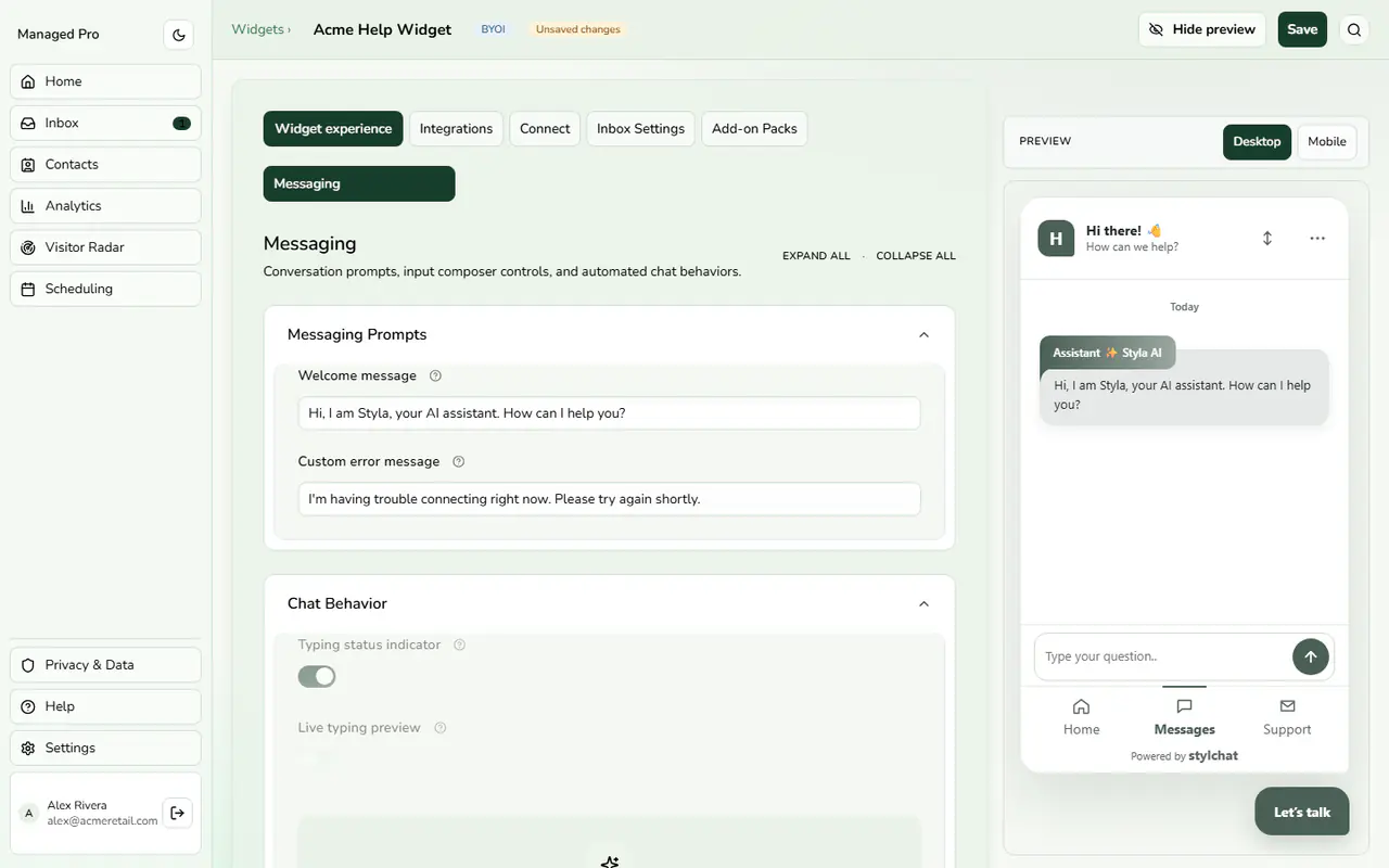 Messaging prompts and chat behavior.