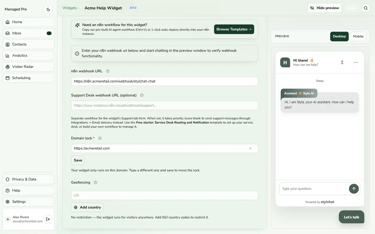 Support Desk webhook URL field.