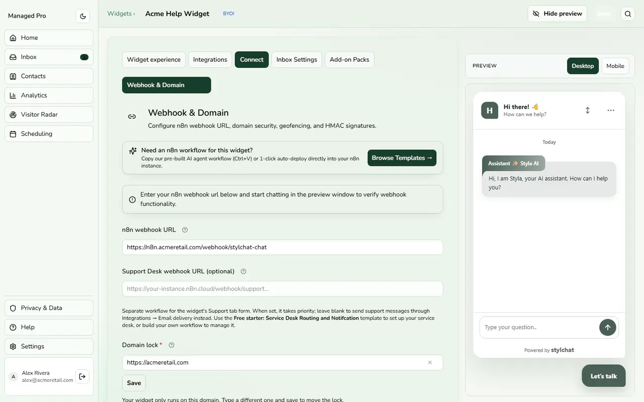 Webhook and domain settings.