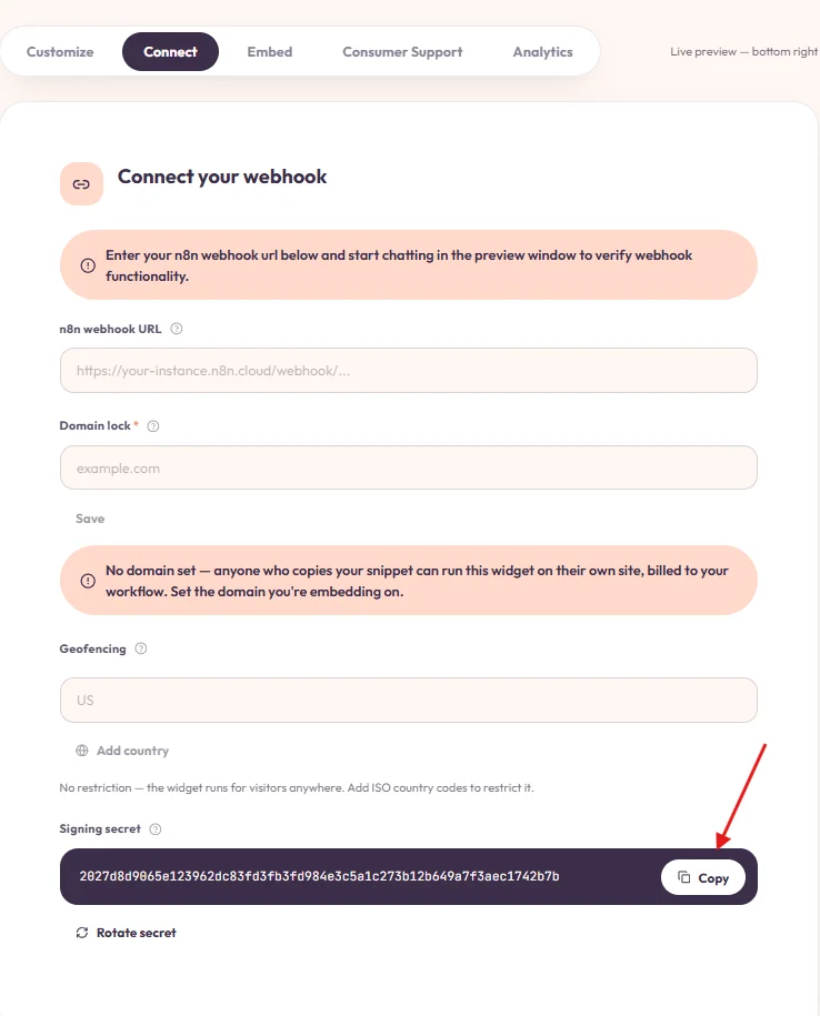 The signing secret shown in the Connect tab, with Reveal and Rotate options.