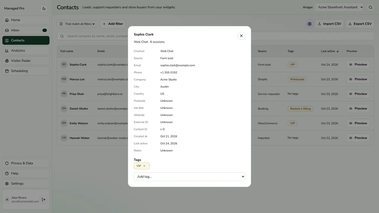 Contact preview with tags.