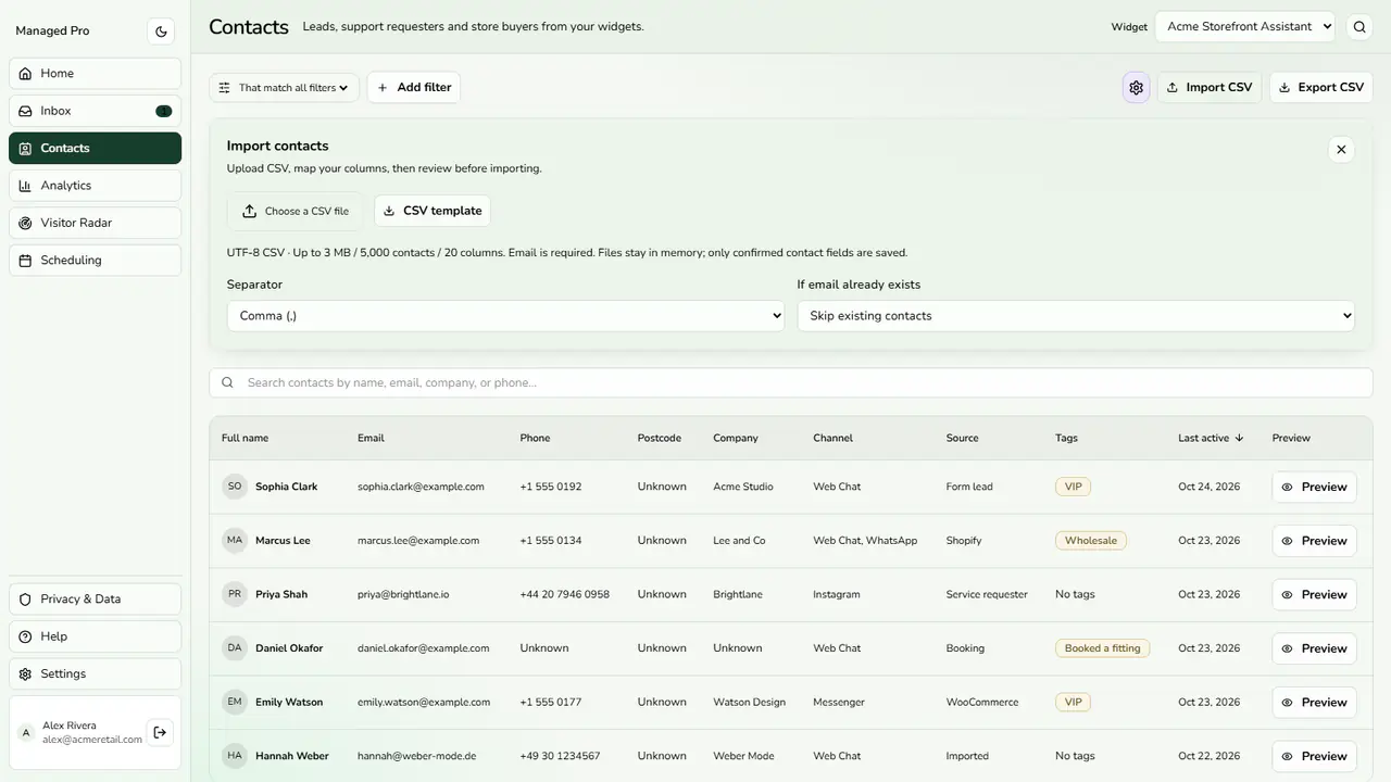 CSV import panel.