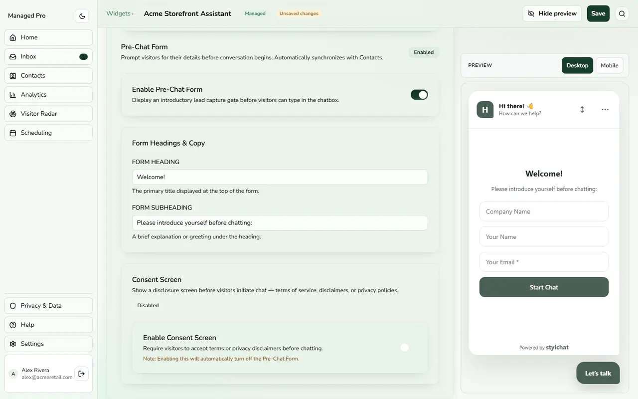 Pre-chat form.