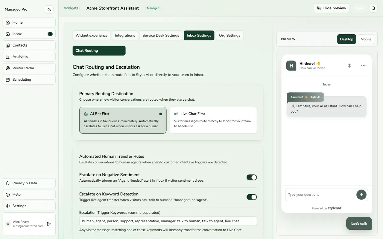 Chat routing and escalation rules.