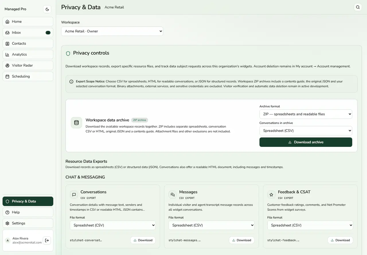 Privacy and data exports.