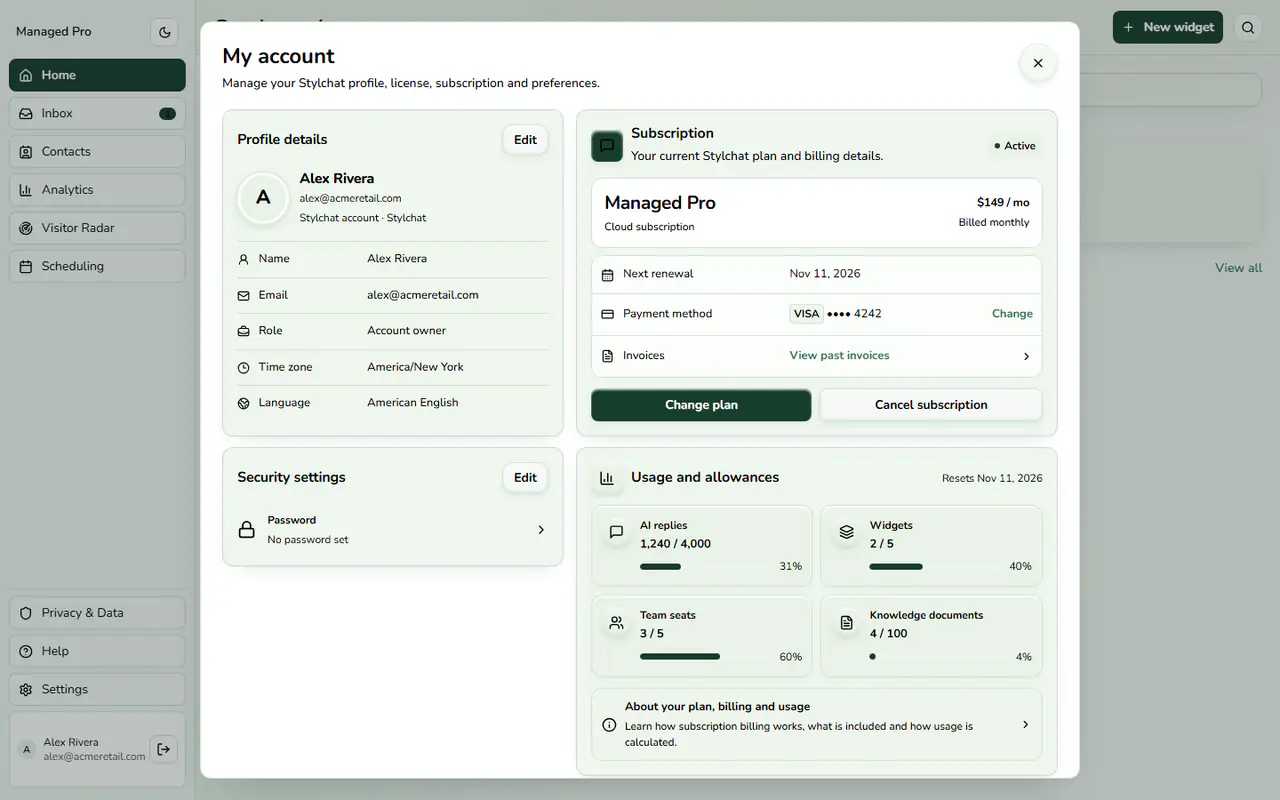 My account with subscription and usage.