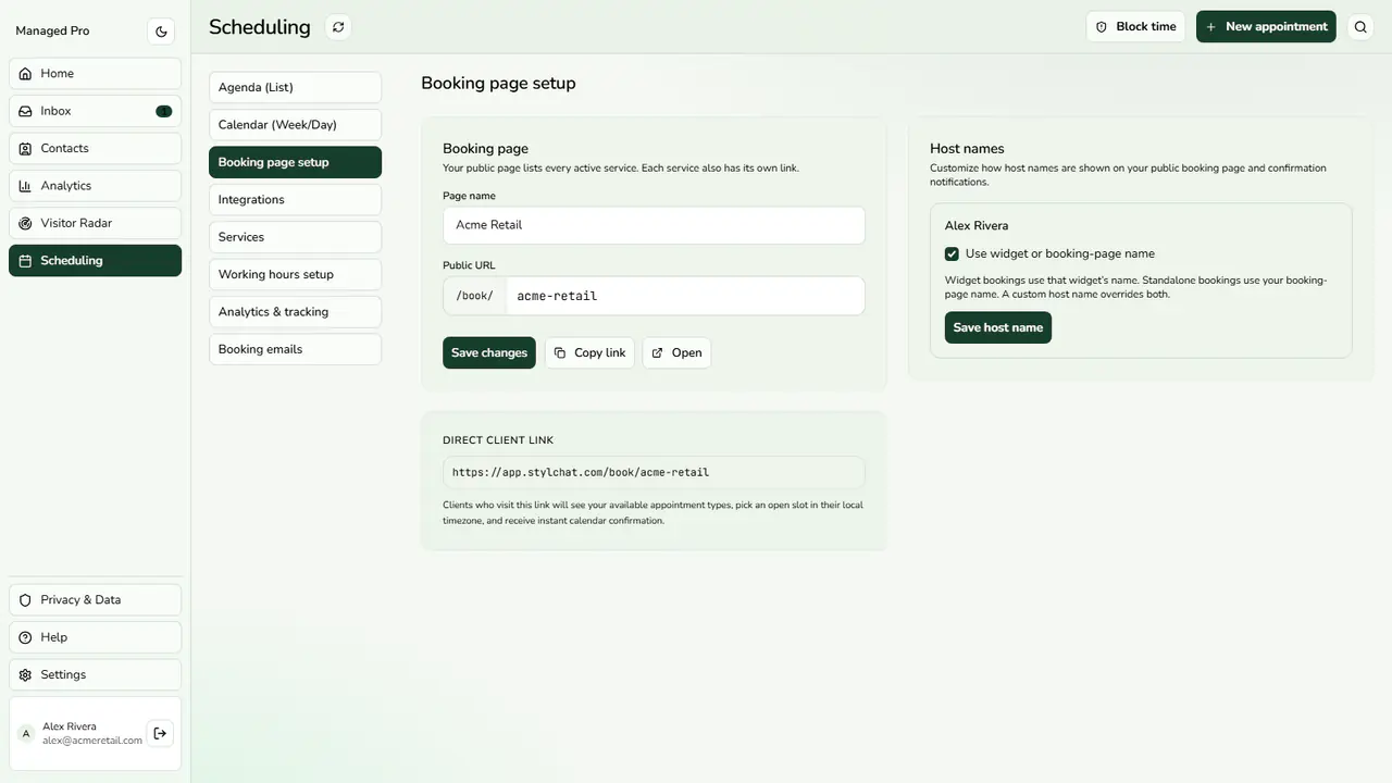 Booking page setup.