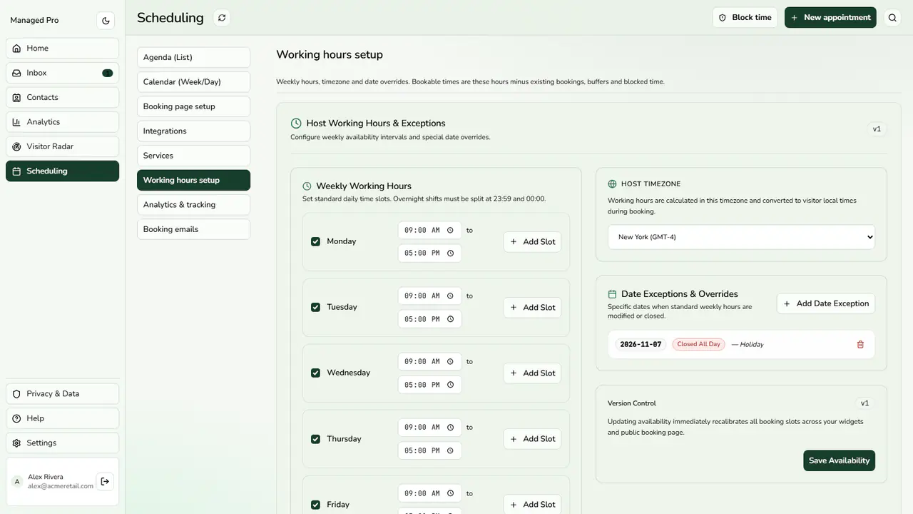 Working hours and exceptions.