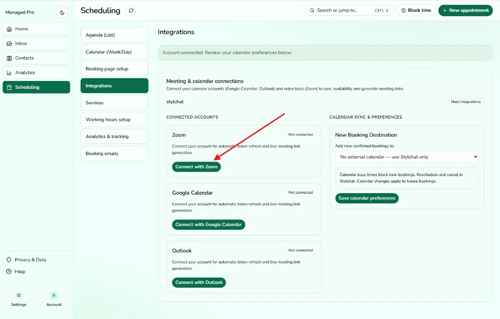 Step 1: In Stylchat Scheduling, navigate to Integrations and click Connect with Zoom