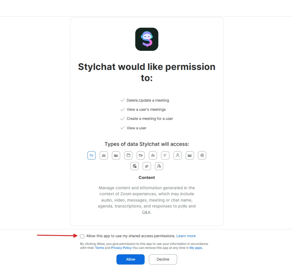 Step 2: Zoom authorization screen prompt requesting permissions, click Allow